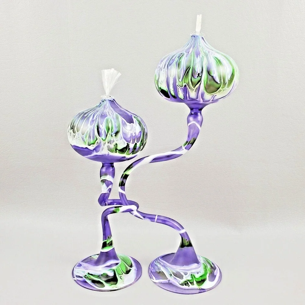 Flame Glow Oil Lamp Penco Hand Blown Glass Intertwined Stems Candle Purple Green
